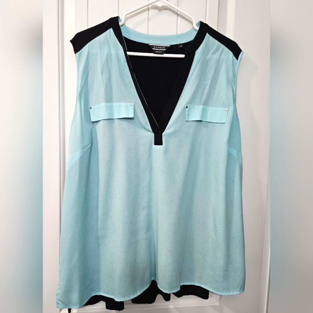 Basque Plus Size 16 - Mint Blue & Black - Sleeveless Flowy Top